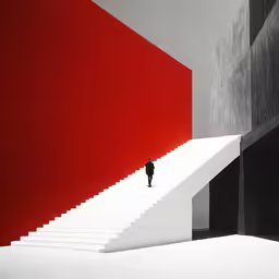 a man walking up the side of a staircase