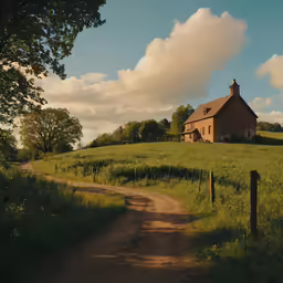 the house sits on a grassy hill with a small dirt road in front