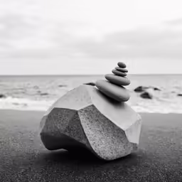a balanced rock is on a beach with waves in the background