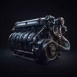 a large, black engine with the top gears attached