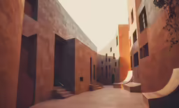 a narrow walkway is lined with different buildings