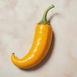 a yellow peppers with a long stem is on the white surface