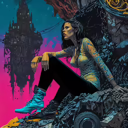 this is an image of a woman sitting on a pile of debris