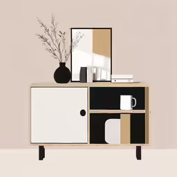 the image is of a desk with a vase, a vase and mirror