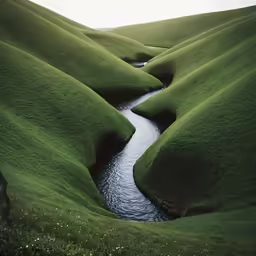 a river runs through the green hills near some grass