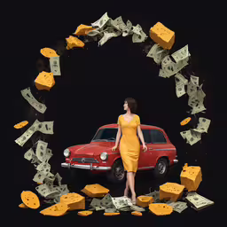 a woman standing next to a red car surrounded by money,woman standing in front of a car surrounded by golden letters and money