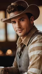 a man sitting down while wearing a cowboy hat