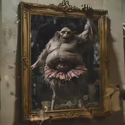 a monkey statue sits in front of a mirror