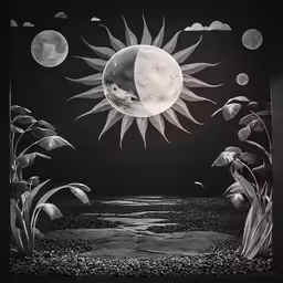 black and white photograph with the moon above water