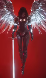 an angel dressed in silver holding a sword