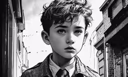 a person with hair standing in the street,black and white photograph of a young boy in front of a building