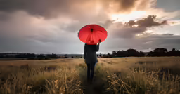 person holding up a red umbrella standing in the middle of tall grass