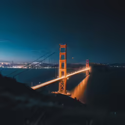 the lights of a bridge shine on the ocean