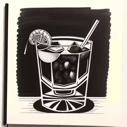 a print of a cocktail with lemon, lime and ice,a drawing of an ice bucket filled with fruit