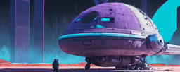 a large, purple object stands next to an industrial looking man,this is an old spaceship like vehicle on the street