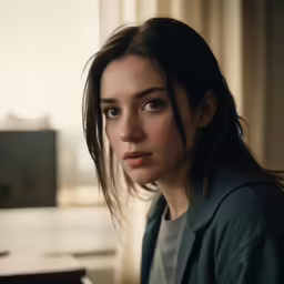 a woman in a black sweater is staring at something