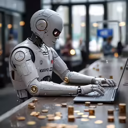a robot typing on his computer next to some gold coins