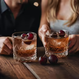 man and woman sitting at table next to cocktail glasses