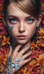 a woman with butterflies on her face and arm