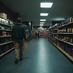 a man walking down a dark aisle between shelves full of jars