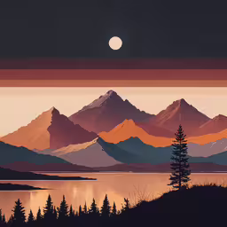 a painting of a landscape with mountains on it and a moon over water,the silhouette of mountains at dusk over a lake