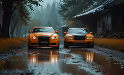 two cars parked on the street in front of a cabin