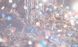 an artistic photo of an old tree surrounded by the leaves and nuts
