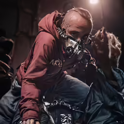 a man in a gas mask with gloves on sitting down and posing