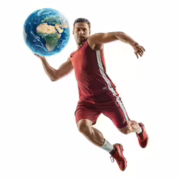 a man in a red uniform and a blue ball