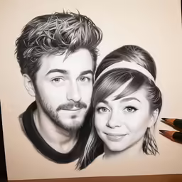 a pencil drawing of a couple that has drawn on it