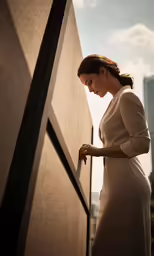 a woman is leaning against the wall