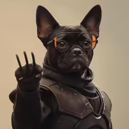 a small dog with some glasses on is making the peace sign