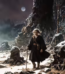 the hobbots character with long blonde hair and dress, walking on a snowy surface