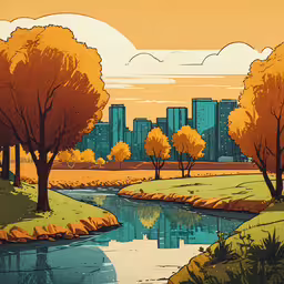 the view from a city park of a river running through a park,painting of a city on a sunny day with trees in the foreground