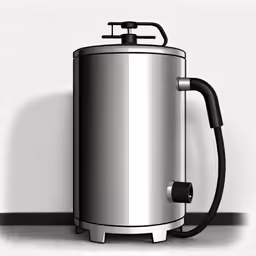 a black and white coffee pot sits on the floor