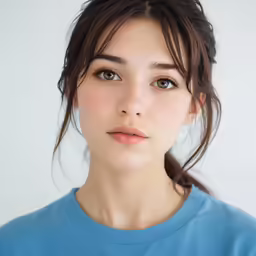a girl with bangs and light makeup posing for the camera