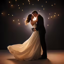 a couple in wedding attire dancing against a light background