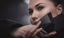 a woman with big eyelashes holding a large item