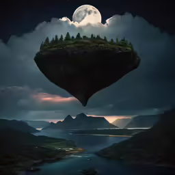 a view from a floating island with trees