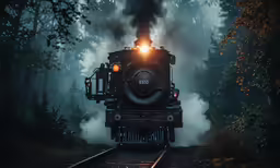 a train rolls down the tracks through dark trees