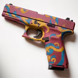 an orange and pink toy pistol sitting on a table