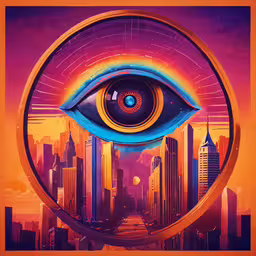 a painting with the symbol of an eye,an eye and cityscape are featured with a psychedelic sunset background