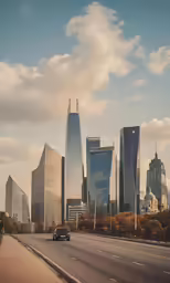 a cityscape with cars, skyscrapers and a sky scraper
