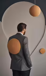 the back of a man in a suit standing under some big lamps