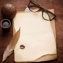 a piece of paper, a feather, and a pair of glasses sit on top of an old - school paper