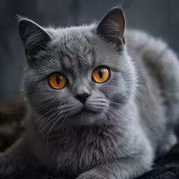 a cat with orange eyes laying down