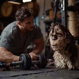 a man and his dog doing bodybuilding exercises