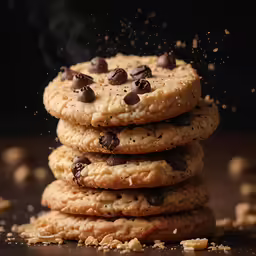 five cookies stacked on top of each other and a pile of them being sprinkled with chocolate chips
