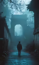 man walking in the rain in a dark alley way