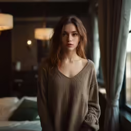 the woman is staring at the camera while standing by the window